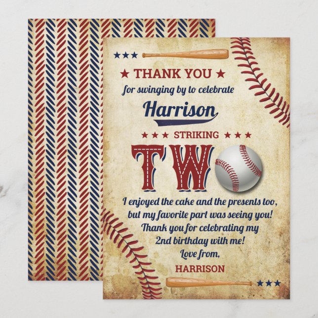 Carte De Remerciements Vintage Baseball Boys 2e anniversaire (Devant / Derrière)