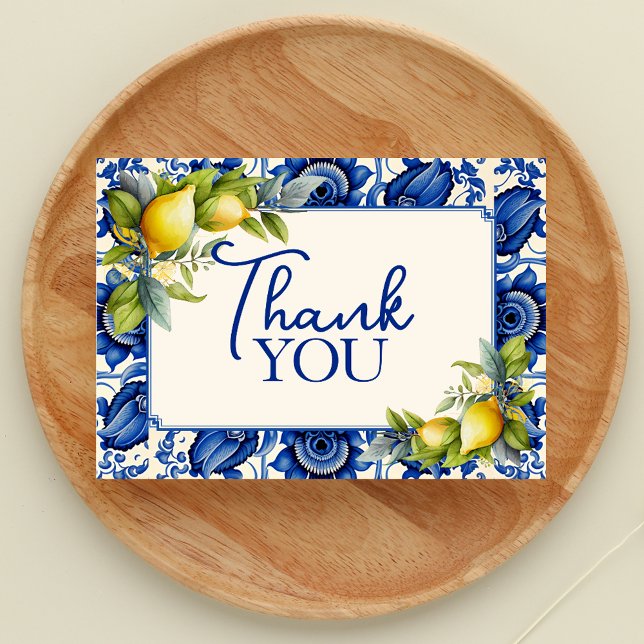 Carte De Remerciements Vintage Blue Tile Yellow Lemons  (Vintage Blue Tile Yellow Lemons Thank You Card)
