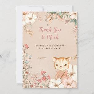 Carte De Remerciements Vintage Chat Chat Botanique Rose Baby shower fille
