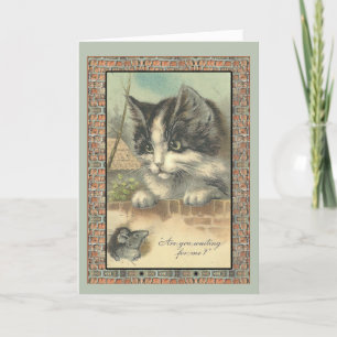 Carte De Remerciements Vintage chat et souris "m'attendant ?"