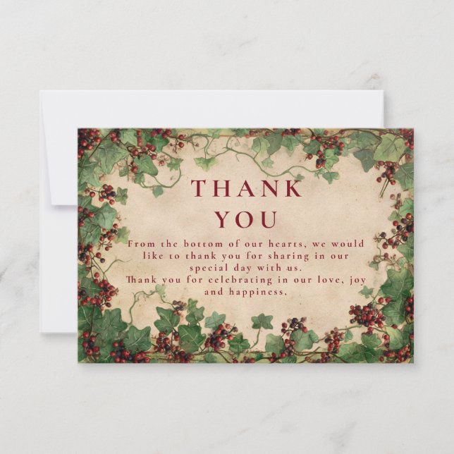 Carte De Remerciements Vintage Ivy et Mariage Berries (Devant)