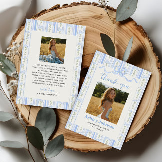 Carte De Remerciements Vintage Stripes Blue Bow Graduation Photo