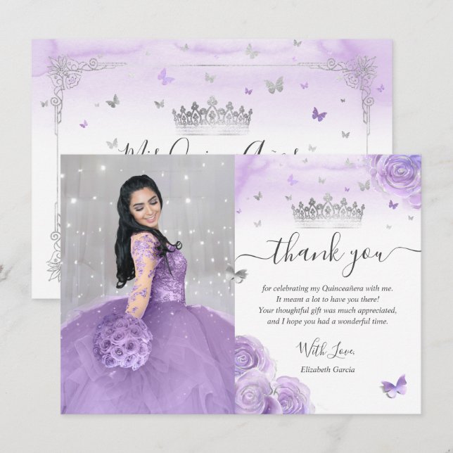 Carte De Remerciements Violet clair et Quinceañera photo d'anniversaire a (Devant / Derrière)