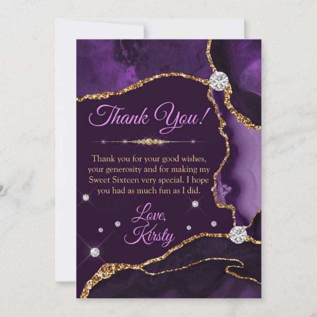 Carte De Remerciements Violet et Or Paillettes Fausse Agate Sweet 16 (Devant)