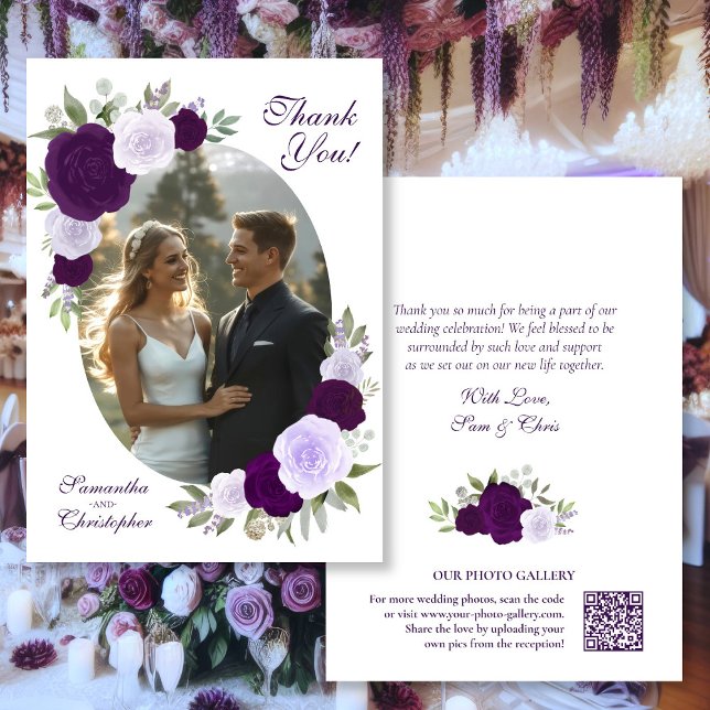Carte De Remerciements Violet Rose Oval Photo QR Code Mariage élégant (Front/Back)