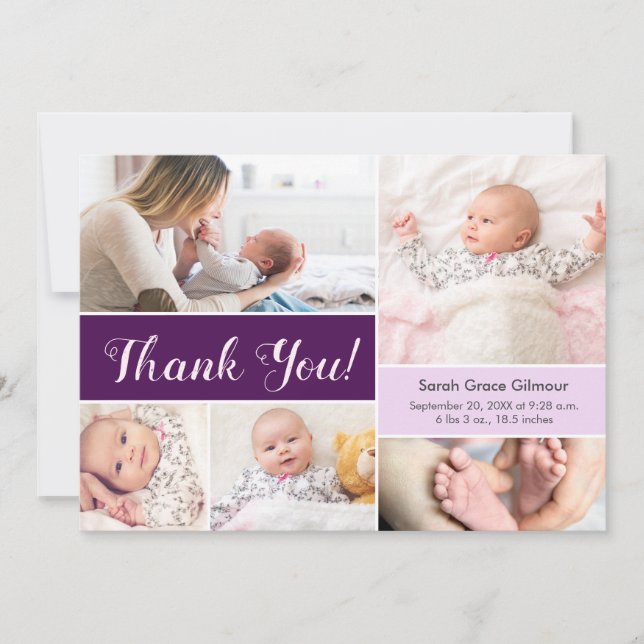 Carte De Remerciements Violet violet personnalisé bébé fille photo collag (Devant)