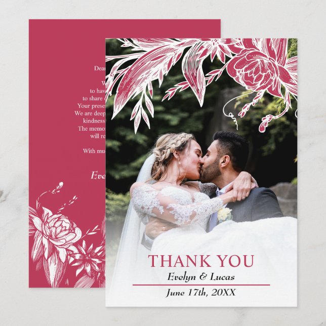 Carte De Remerciements Viva magenta et fleurs blanches photo mariage (Devant / Derrière)