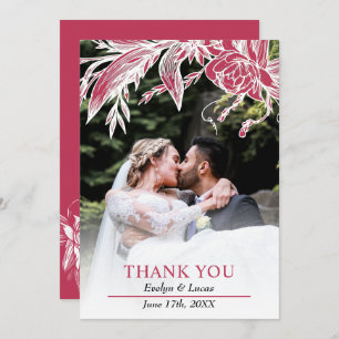 Carte De Remerciements Viva magenta et fleurs blanches photo mariage