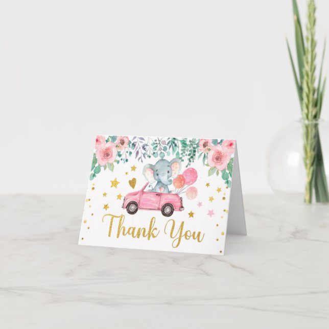 Carte De Remerciements Voiture Baby shower pour éléphant rose (Devant)