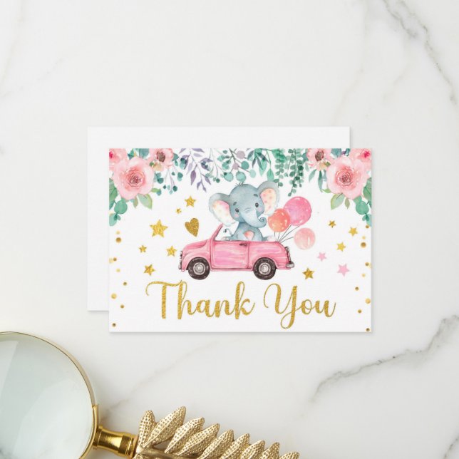 Carte De Remerciements Voiture de Baby shower pour éléphant rose (Devant/Arrière en situation)