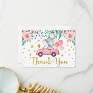 Carte De Remerciements Voiture de Baby shower pour éléphant rose