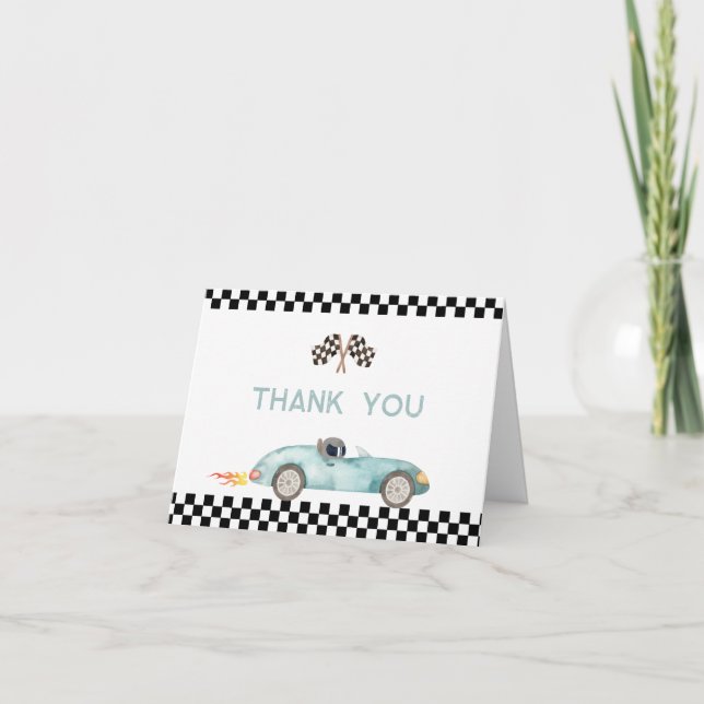 Carte De Remerciements Voiture de course bleue moderne Anniversaire (Devant)