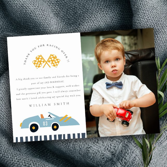 Carte De Remerciements Voiture de course mignonne enfants bleu photo anni (Créateur téléchargé)