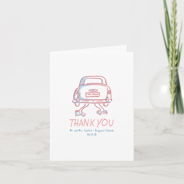Carte De Remerciements Voiture Mariés Hand Drawn Fantaisiste Mariage (Devant)