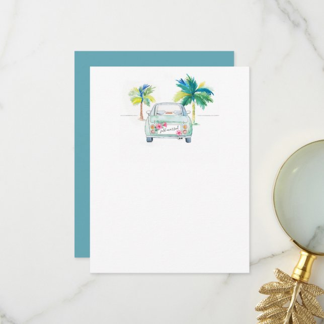 Carte De Remerciements Voiture Tropicale et Palmiers Aquarelle (Devant/Arrière en situation)