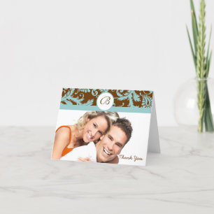 Carte De Remerciements Votre photo Aqua & Brun Damassé Mariage Remercieme