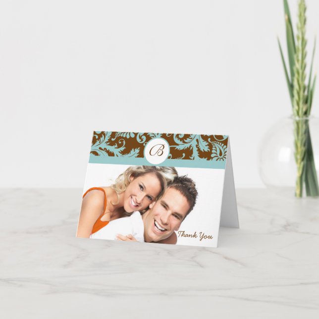 Carte De Remerciements Votre Photo Aqua & Marron Damassé Mariage Remercie (Devant)