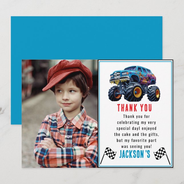 Carte De Remerciements Vroom Zoom Monster Camion Boom | 1ère fête d'anniv (Devant / Derrière)