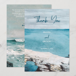 Carte De Remerciements Watercolor Beach Ocean Waves Monogram Mariage