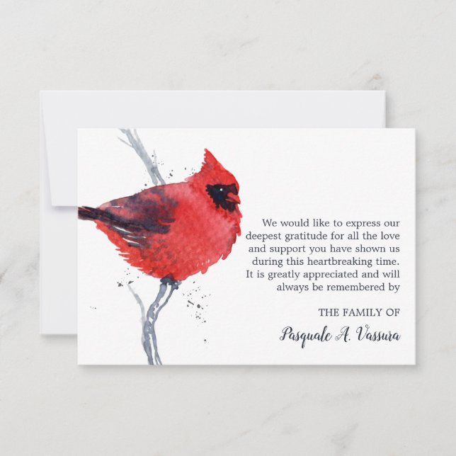 Carte De Remerciements Watercolor Cardinal Bird Funeral (Devant)