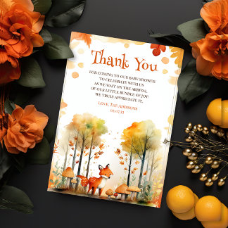 Carte De Remerciements Watercolor Forêt de bois Autumn Fox Baby shower