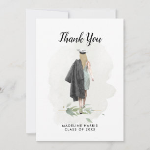 Carte De Remerciements Watercolor Girl Green Graduation photo personnalis
