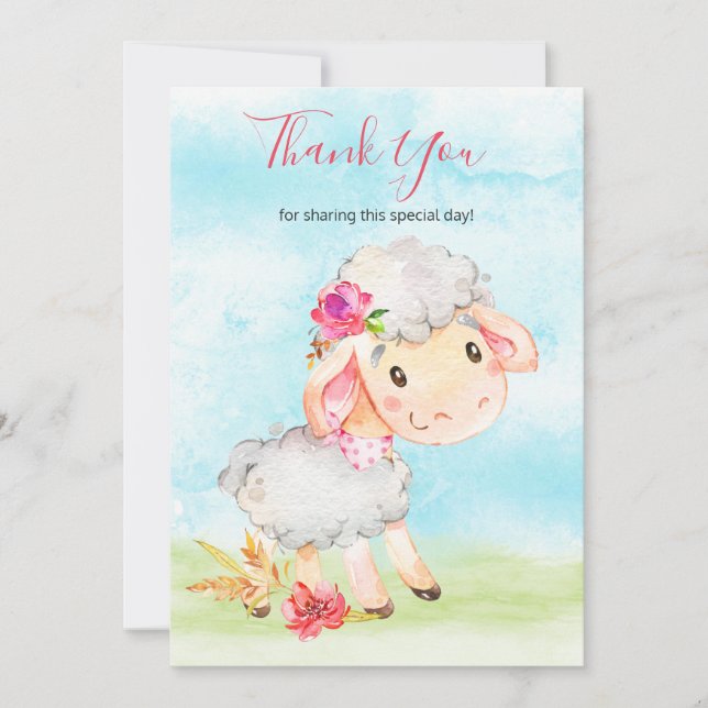 Carte De Remerciements Watercolor Girl Sheep Farm (Devant)