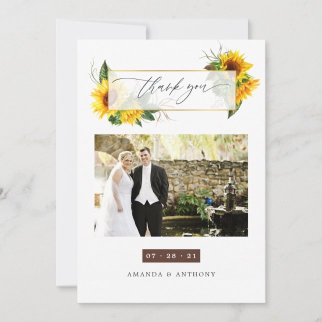 Carte De Remerciements Watercolor Tournesol Rustique Mariage Photo Collag (Devant)