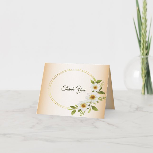 Carte De Remerciements Wedding Golden Frame White Floral Peach Rustic (Devant)