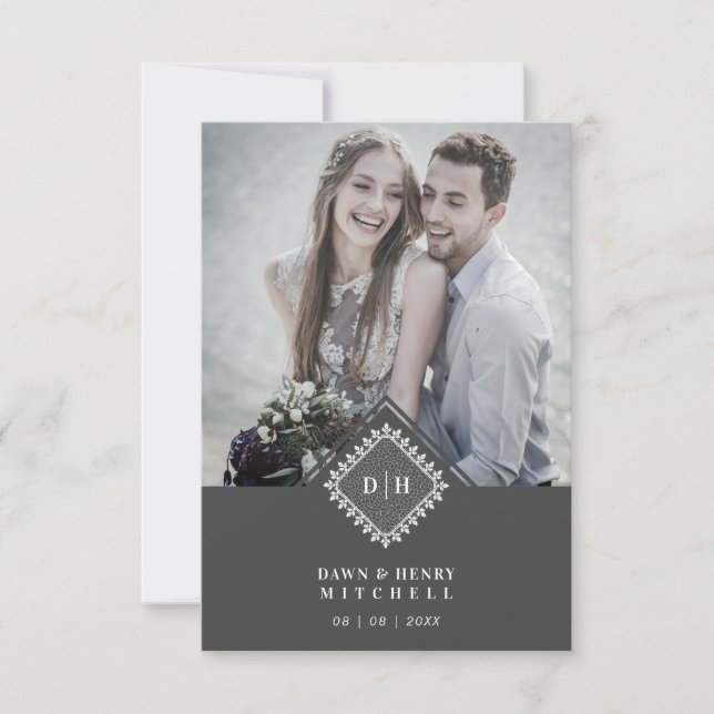 Carte De Remerciements Wedding Initials Ornamental Lace Sophisticated (Devant)
