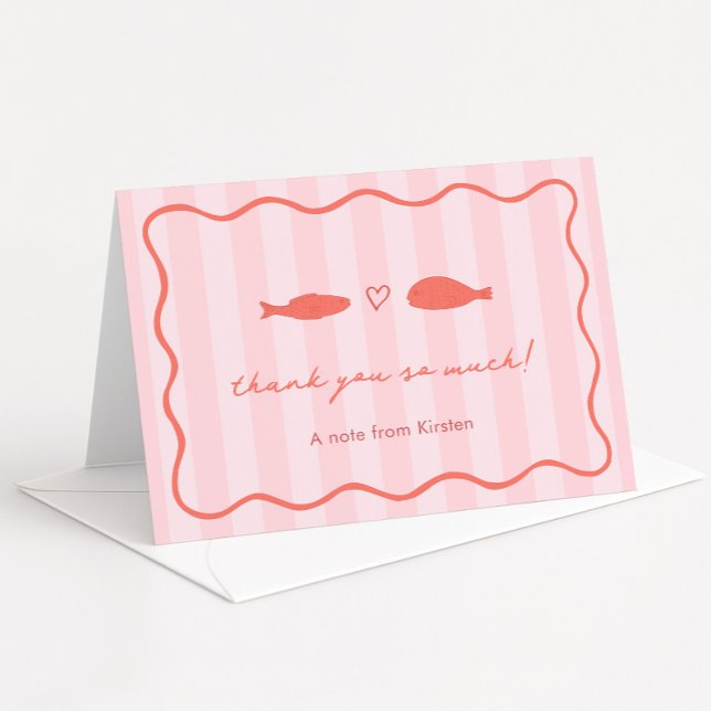 Carte De Remerciements Wedding shower De Poisson Rose Et Orange Tirée À L (Colorful Pink And Orange Two Less Fish In The Sea theme bridal shower thank you card)