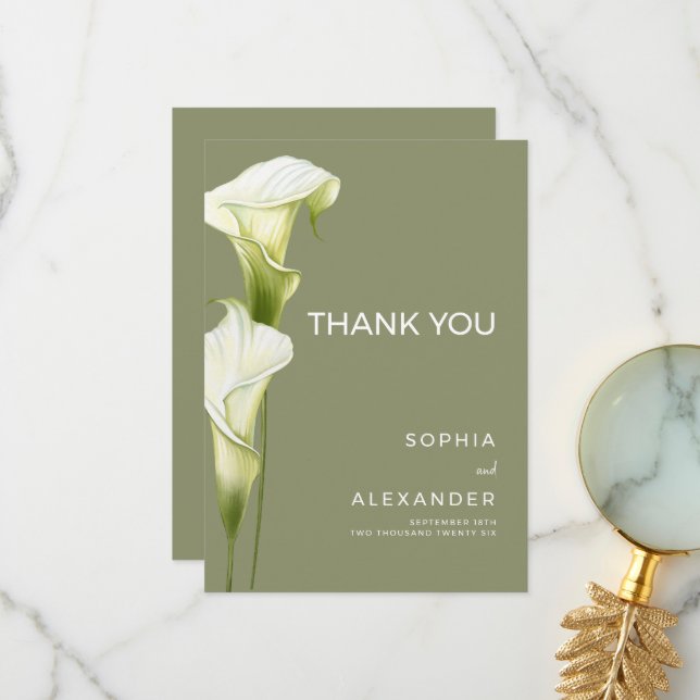 Carte De Remerciements Wedding Thank You Cards "Delicate Calla Lilies" (Devant/Arrière en situation)