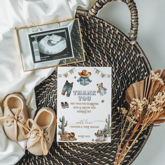 Carte De Remerciements Western Rustic Boho Little Cowboy Baby shower (Créateur téléchargé)