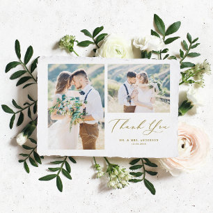 Carte De Remerciements Whimsical Calligraphy Gold Photo Collage Mariage