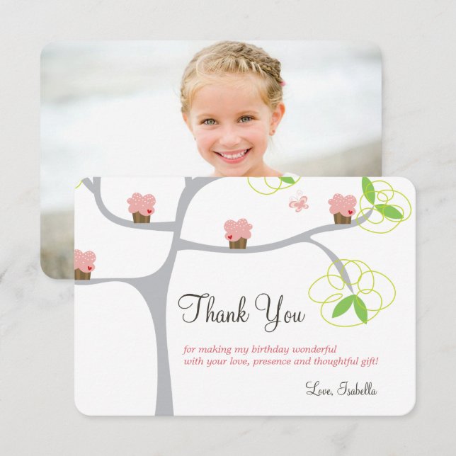 Carte De Remerciements Whimsical Pink Cupcakes Tree Photo de l'anniversai (Devant / Derrière)