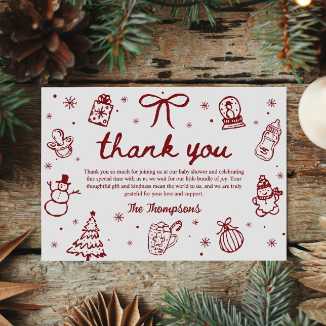 Carte De Remerciements Whimsical Red Hand Drawn Christmas Baby Shower (Créateur téléchargé)