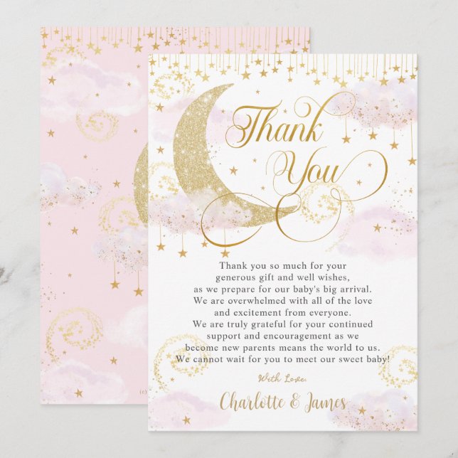 Carte De Remerciements Whimsical Twinkle petit Baby shower rose étoile (Devant / Derrière)