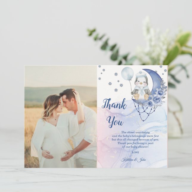 Carte De Remerciements Whimsland Wonderland Blue Penguin garçon Baby show (Debout devant)