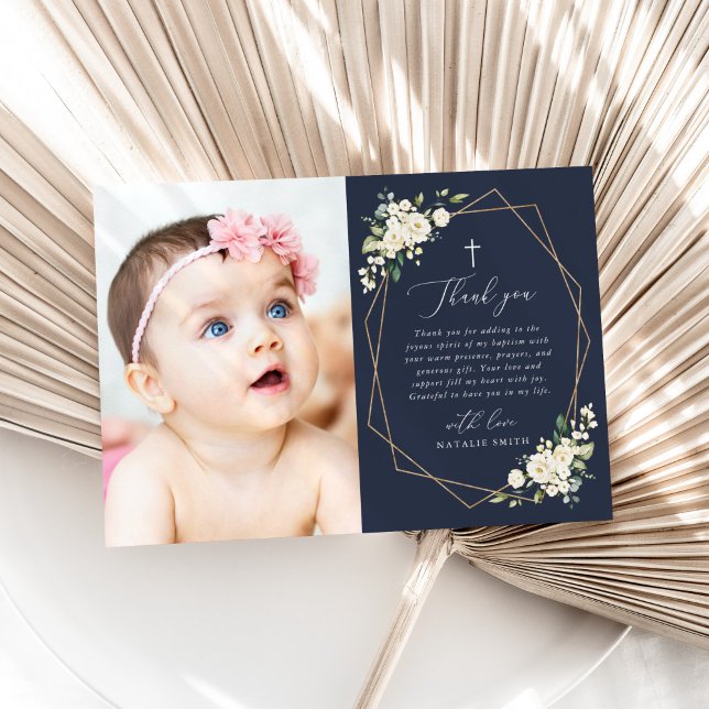 Carte De Remerciements White Flowers, Cream Flowers, Greenery, Baptism (Créateur téléchargé)