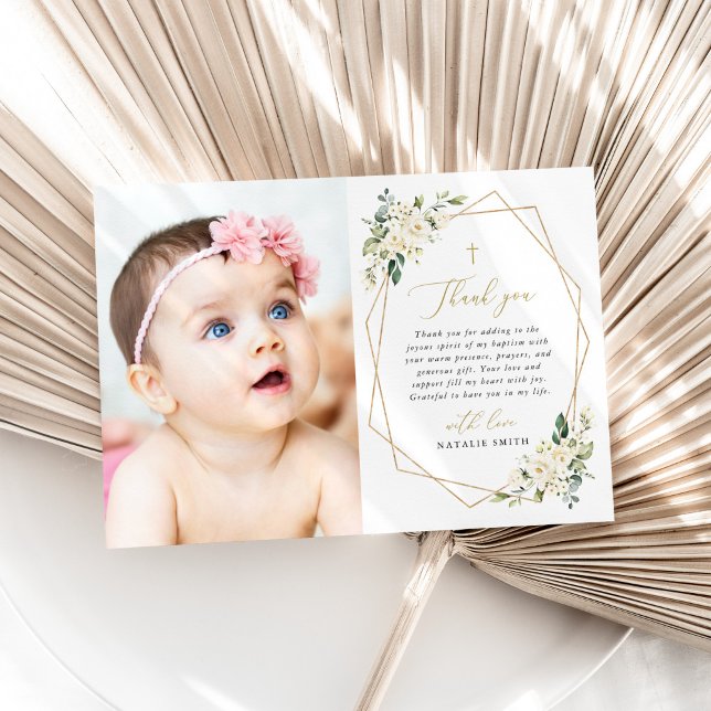 Carte De Remerciements White Flowers, Cream Flowers, Greenery, Baptism (Créateur téléchargé)