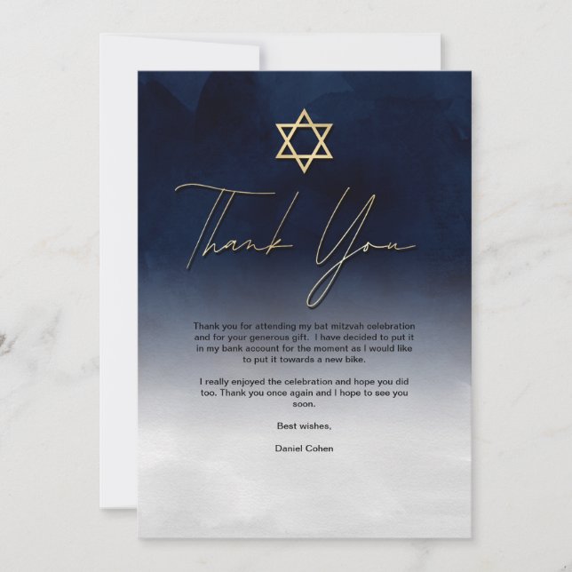 Carte De Remerciements White Gold Navy Bleu Aquarelle blanche Barre Mitzv (Devant)