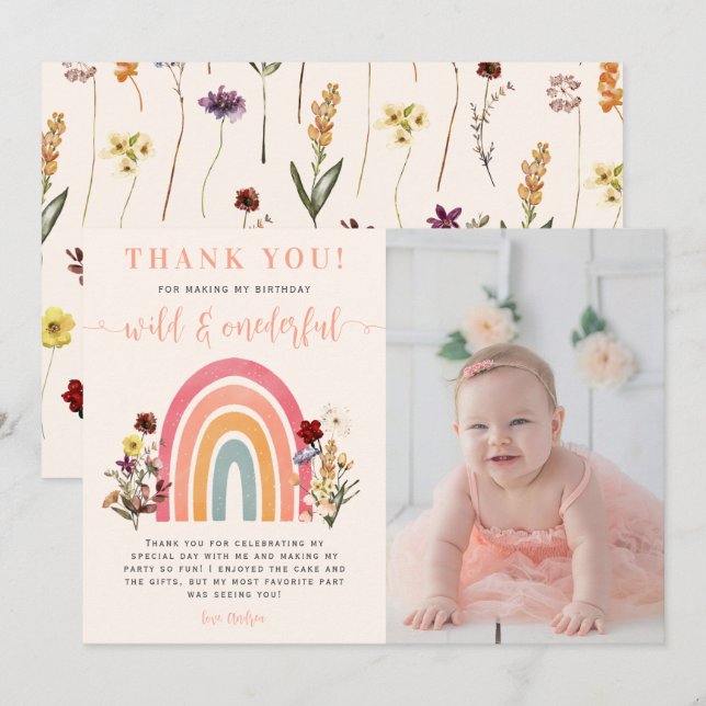 Carte De Remerciements Wild Onederful Fleur sauvage Rainbow Photo Anniver (Devant / Derrière)