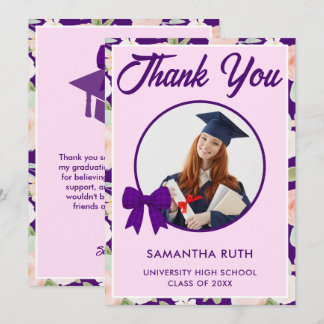 Carte De Remerciements Wildflower Purple Gingham Bow Photo Graduation
