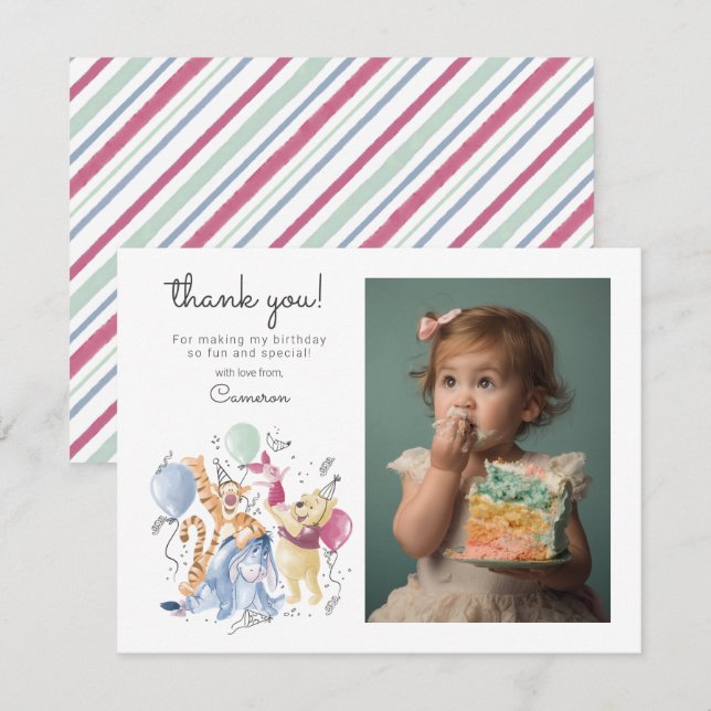 Carte De Remerciements Winnie l'ourson et ses amis - Ballons pour le prem (Devant / Derrière)
