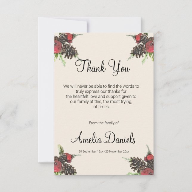 Carte De Remerciements Winter Pine Cone and Berry Funeral Thank You Cards (Devant)