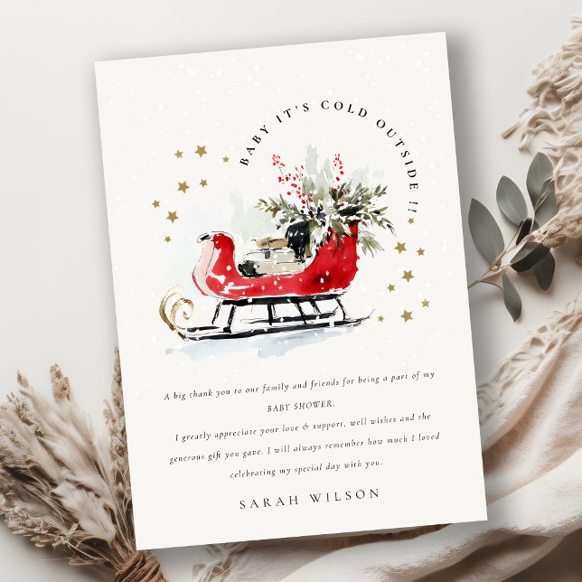 Carte De Remerciements Winter Sleigh Its Cold Outside Neutral Baby Shower (Créateur téléchargé)