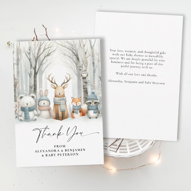 Carte De Remerciements Winter Snow Cute Woodland Animals Coed Baby Shower (winter baby shower thank you card winter wonderland frozen snow white woodland animals cute)