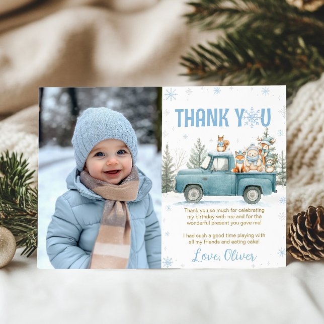Carte De Remerciements Winter Truck Woodland Animals Birthday Photo (Créateur téléchargé)