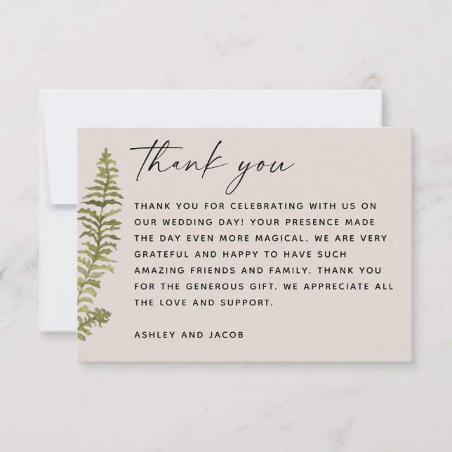Carte De Remerciements Woodland Botanical Wedding | Elegant Forest Fern (Devant)
