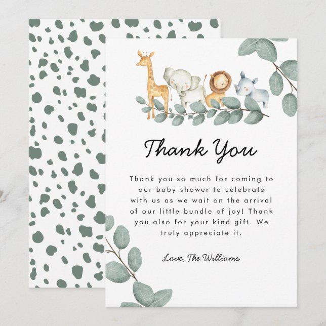 Carte De Remerciements Zoo Animaux Baby shower Sexe Neutre (Devant / Derrière)